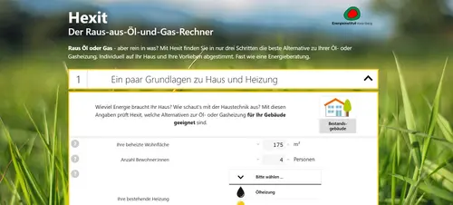 Ansicht der Hexit Seite: Raus aus Öl und Gas Rechner