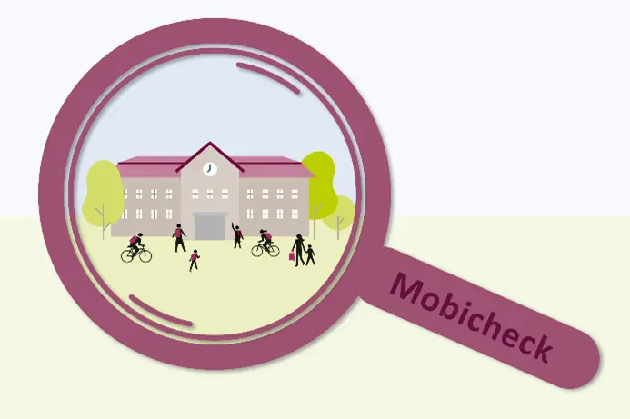 Illustration: Durch eine Lupe wird eine Schule betrachtet. Die Lupe ist mit "Mobicheck" beschriftet.