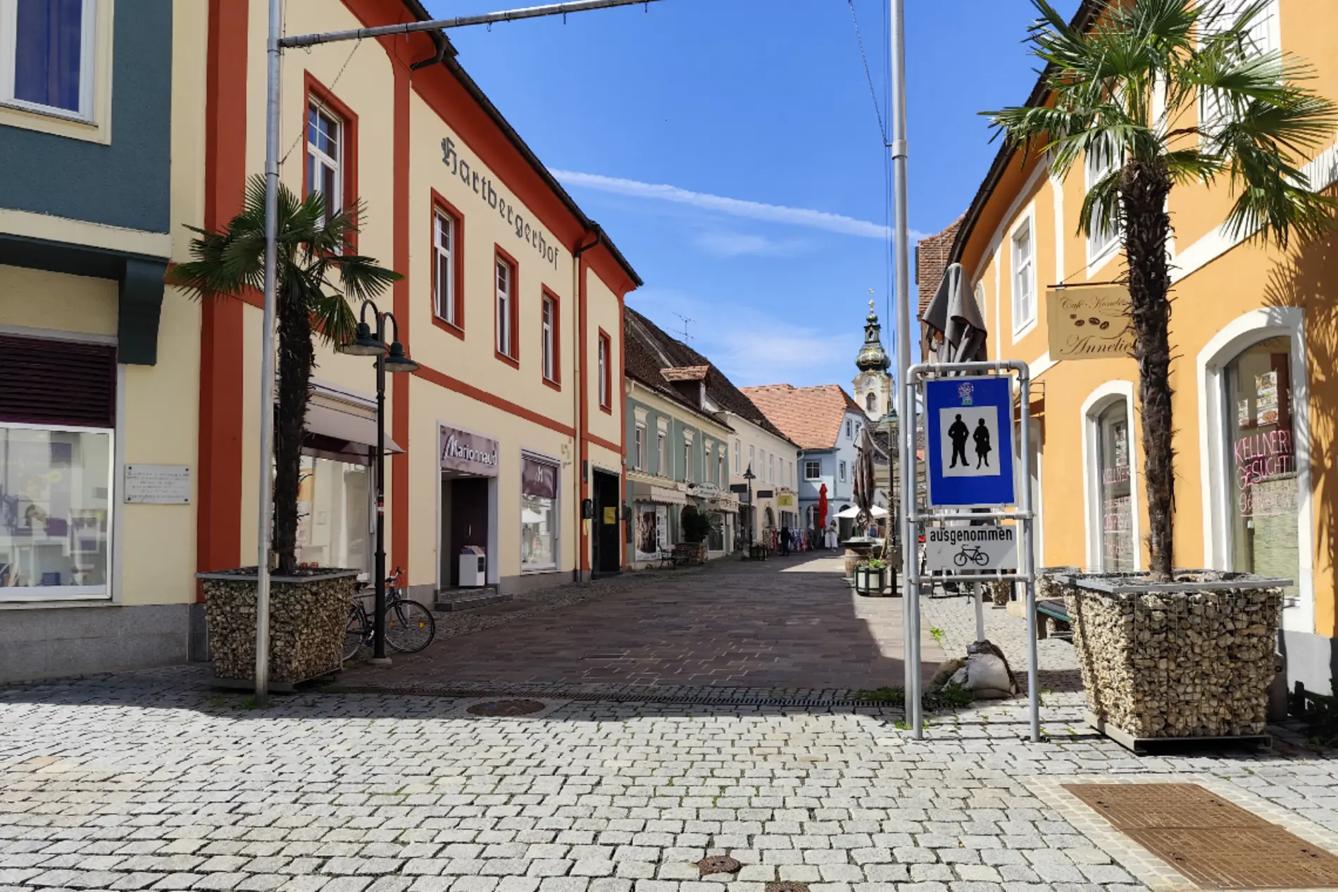 Die Fußgängerzone in Hartberg, Steiermark - gepflasteter Boden, eine Palme am Rand, ein Fußgängerzonenschild und bunte Häuser